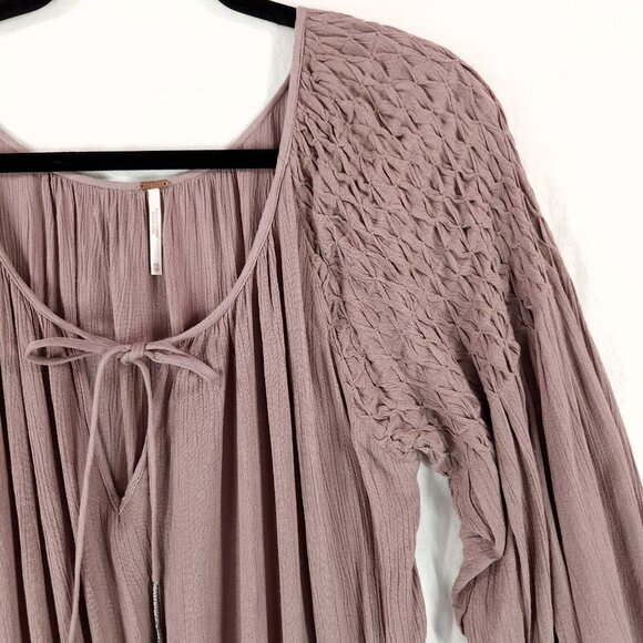 Free People Blouson Mini Dress Size XS Boho Tunic Balloon Sleeve Raw Hem Crinkle - Picture 12 of 13